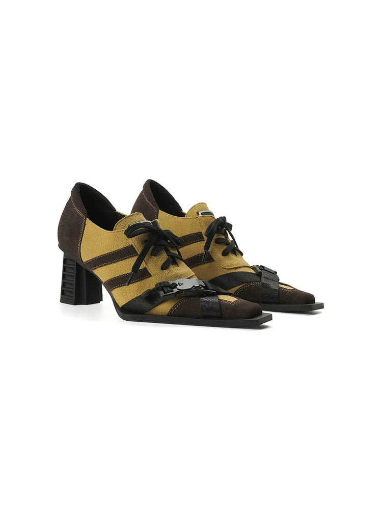 Contrast Lace-Up Block Heel Pumps