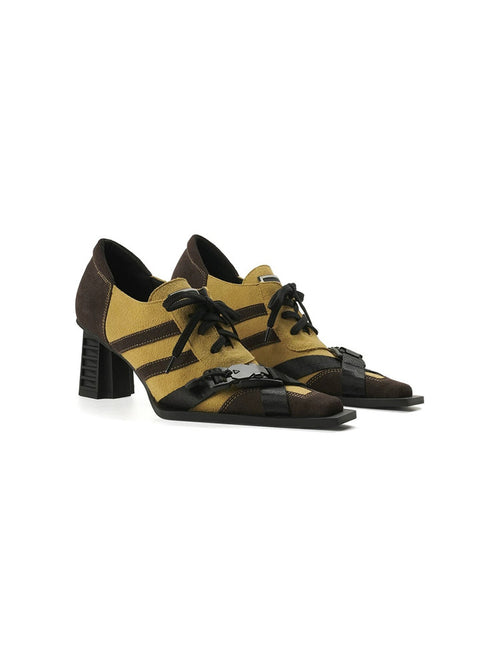 Contrast Lace-Up Block Heel Pumps