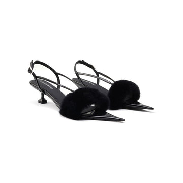 "Velvetclaw" Mink Fur Pointed Toe Slingback Sandals 4.5CM Sculpted Kitten Heel Avant-Garde Party Mules