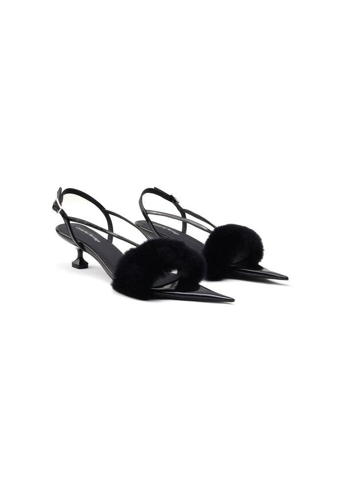 "Velvetclaw" Mink Fur Pointed Toe Slingback Sandals 4.5CM Sculpted Kitten Heel Avant-Garde Party Mules