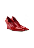 Bright Red Patent Leather Cross Wedge Pumps 8CM Curved Wedge Heel Pointed Toe Designer Slip-On Heels