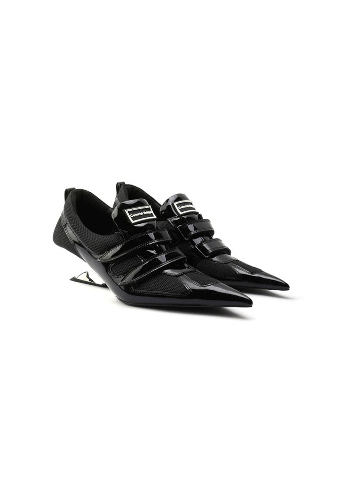 Patent & Mesh Hybrid Pointed Toe Wedge Pumps 5CM Futuristic Avant-Garde Velcro Strap Designer Heels