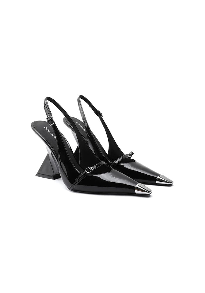 Patent Leather Slingback Pumps 10CM Geometric Triangle Sculpted Wedge Heel Metal Point Cap Avant-Garde Mary Jane Heels