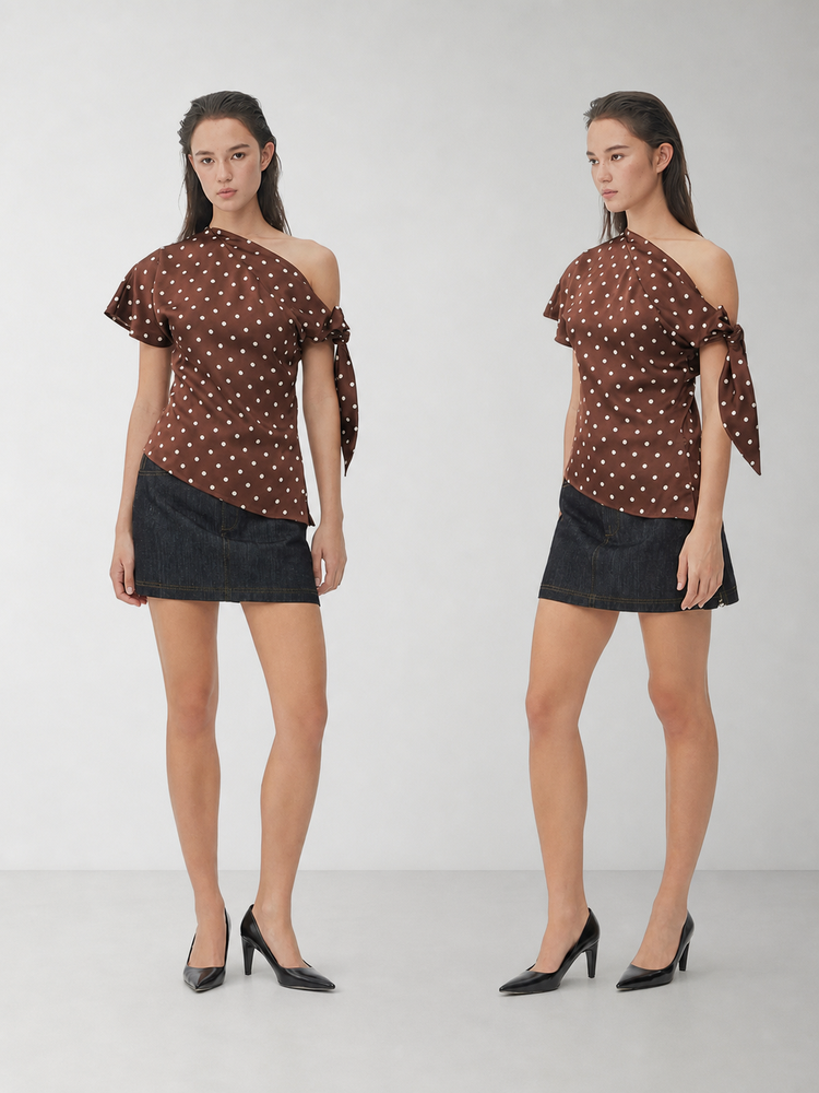 DPERCENT Polka Dot One-Shoulder Tie-Sleeve Top