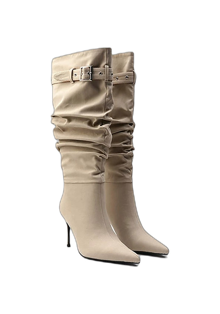 Ruched Buckle Knee-High Stiletto Boots Pointed Toe Avant-Garde High Heel Boots
