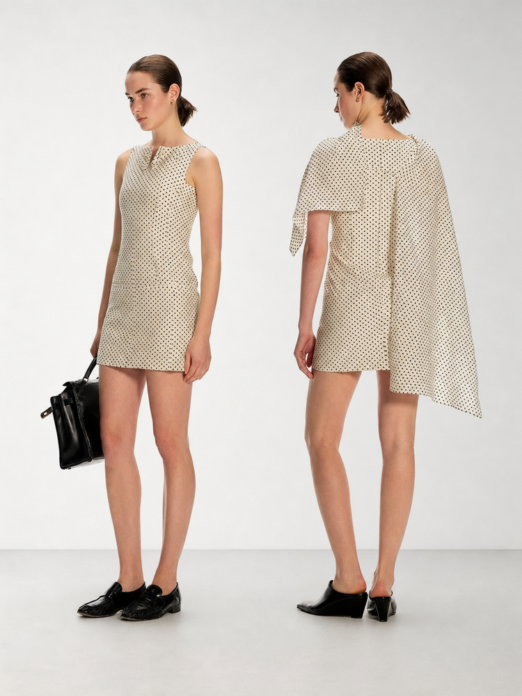 DPERCENT Polka Dot Mini Dress with Draped Cape Panel