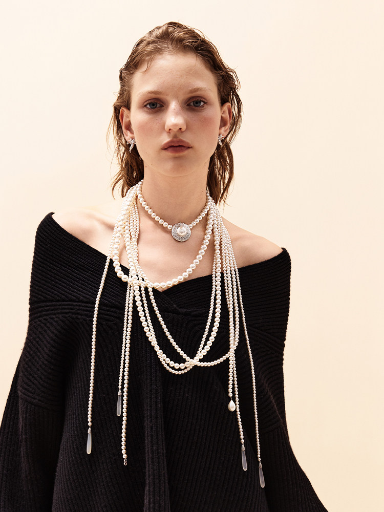 Tokokkino Multi-Layer Pearl & Agate Necklace – Layered Elegance with a Modern Edge