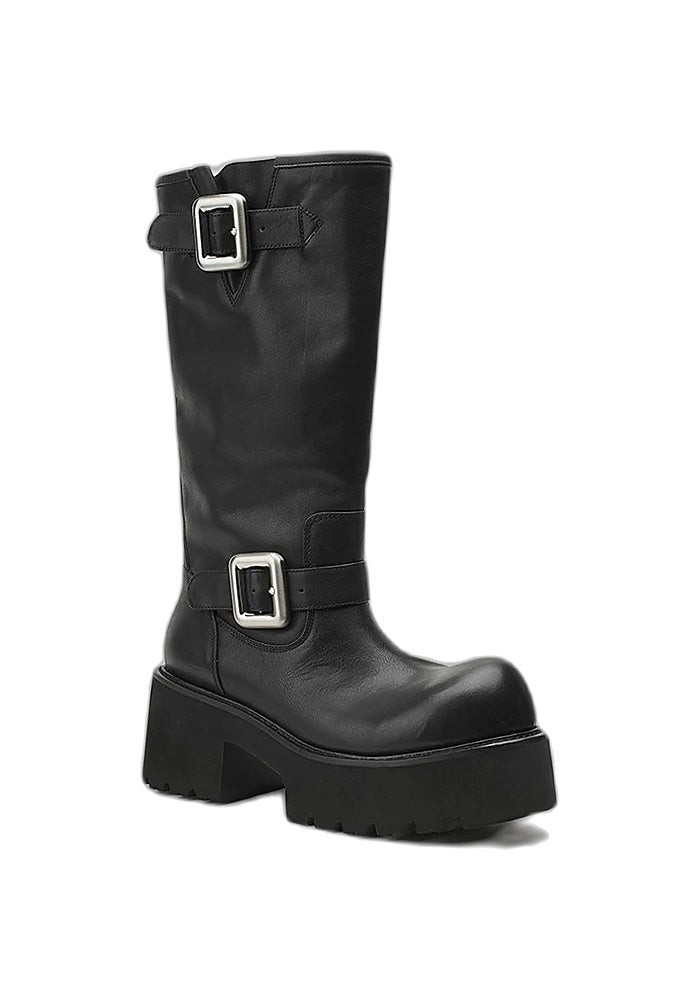 Leather Double Buckle Platform Mid-Calf Moto Boots 7CM Gothic Avant-Garde Block Heel Riding Boots