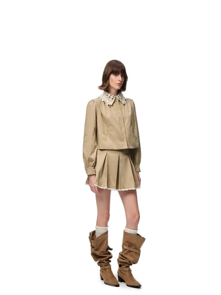 SHROENRO Lace Openwork Peter Pan Collar, Flowy Bubble Sleeves, Versatile Short-Sleeve Top
