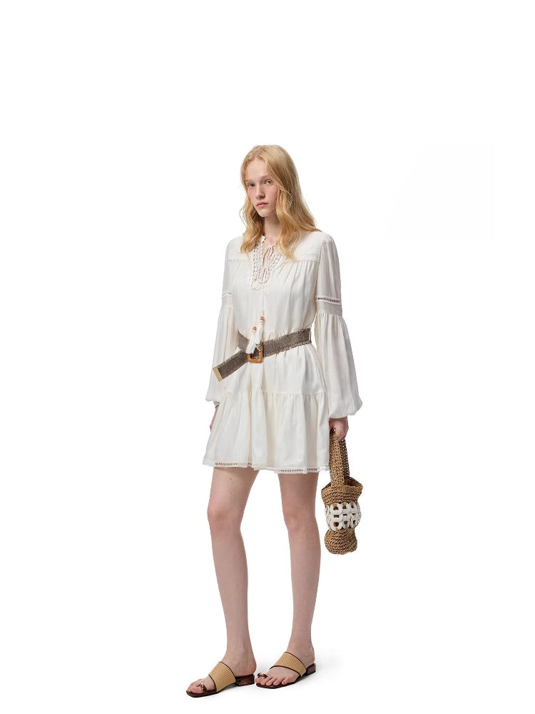 SHROENRO Waist-Tied Lace-Trimmed Tiered Skirt: Women's Fashionable and Versatile A-Line Mini Skirt