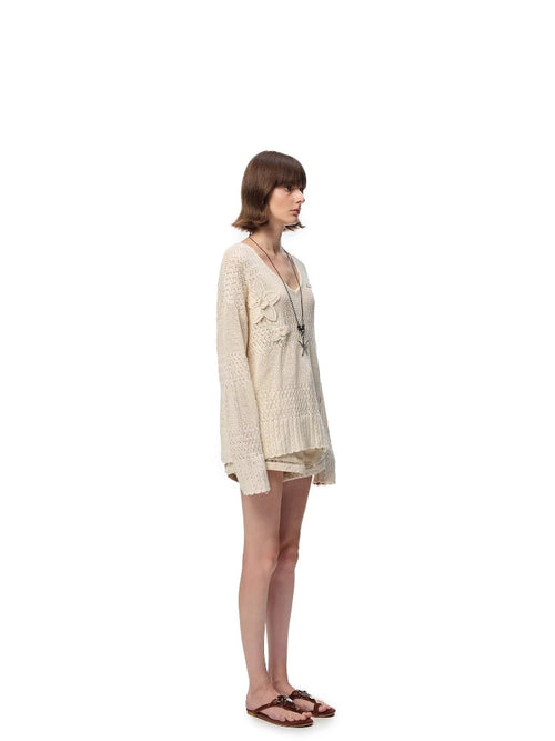 3D Floral V-Neck Knit Sweater with Elegant Openwork Design