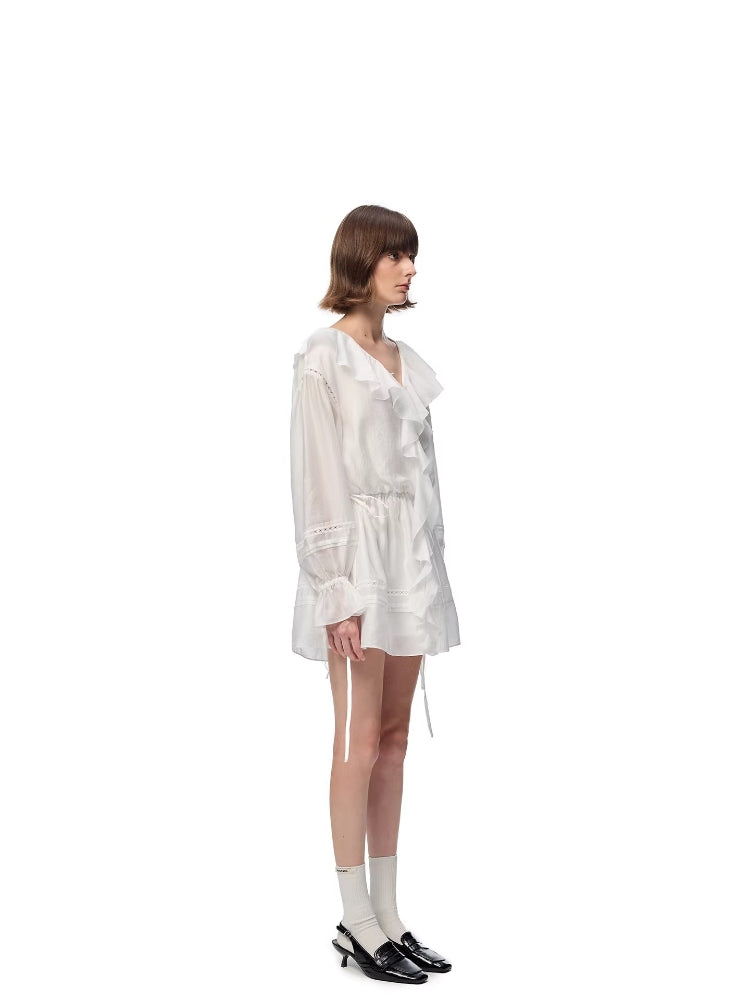 SHROENRO French Openwork Lace V-Neck Ruffled Waist-Cinched Long-Sleeve Dress