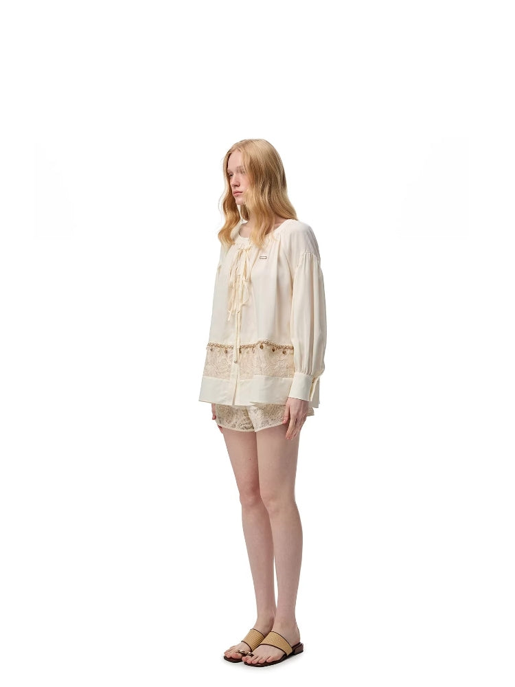 SHROENRO Heavy Industry Openwork Lace Patchwork Loose-Fit Shirt and Shorts Fashion Set