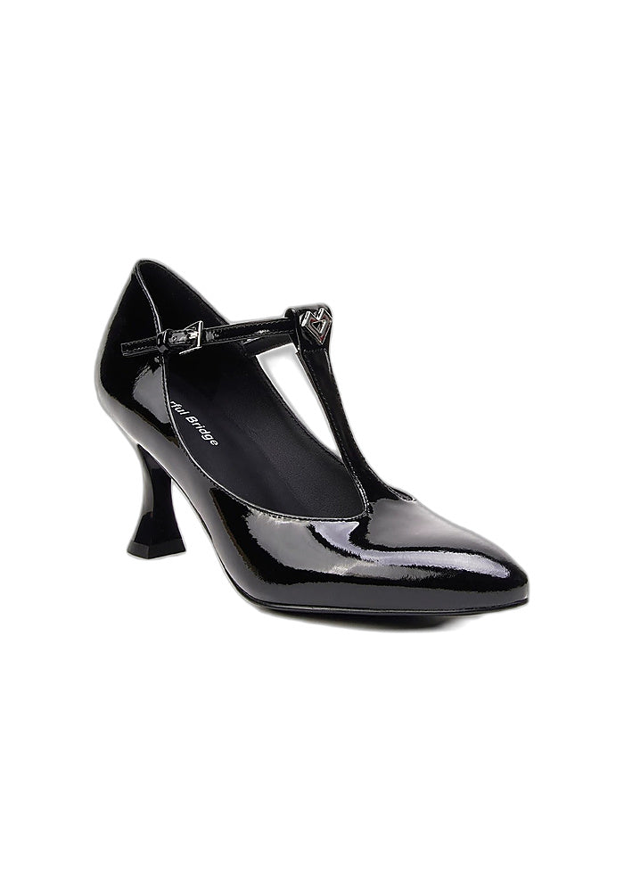 "Nightingale" Black Patent Leather T-Strap Mary Jane Pumps 7.5CM Sculpted Flared Heel Vintage Avant-Garde Dress Heels