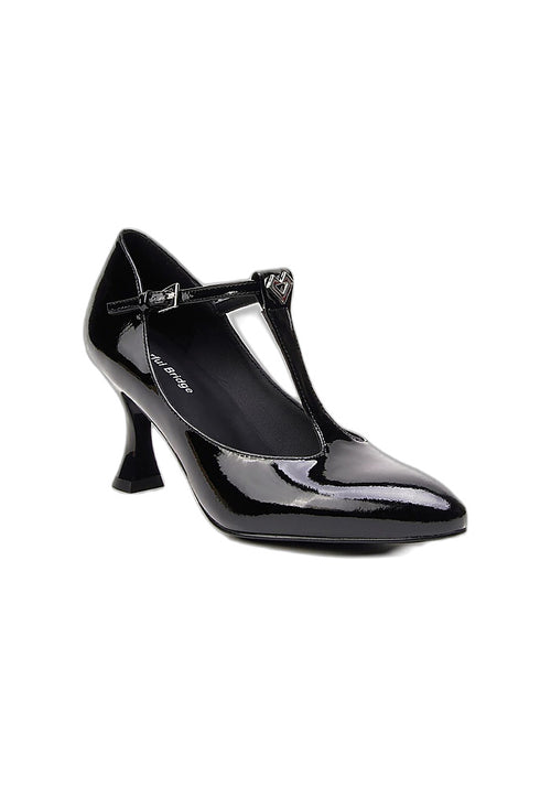 "Nightingale" Black Patent Leather T-Strap Mary Jane Pumps 7.5CM Sculpted Flared Heel Vintage Avant-Garde Dress Heels