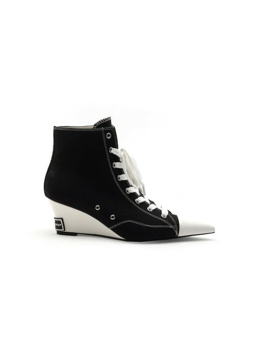 Contrast Canvas Wedge Ankle Boots 5.5CM Wedge Heel Pointed Toe Lace-Up High Sneaker Booties