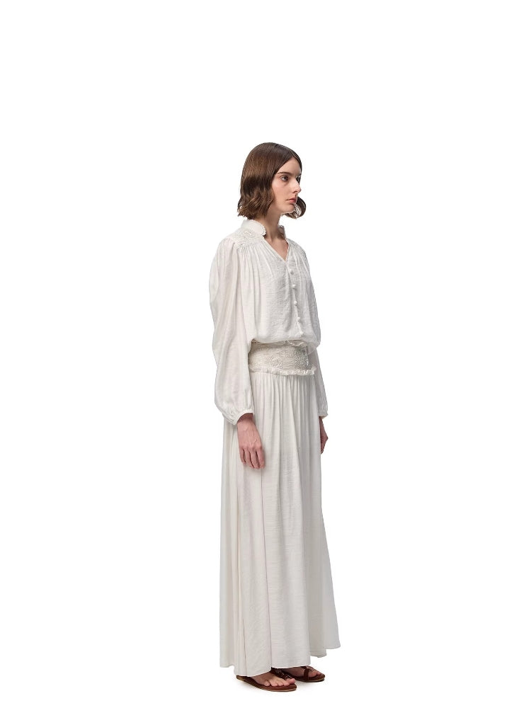 SHROENRO Heavy-Duty Embroidered Short-Stand Collar Drapey Loose-Fit Long-Sleeve Shirt for Women