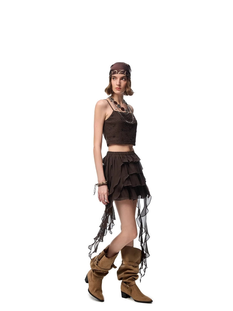 SHROENRO Layered Ribbon-Style Skirt: A-Line Chiffon Tiered Mini Skirt with a Flowy, Ethereal Look