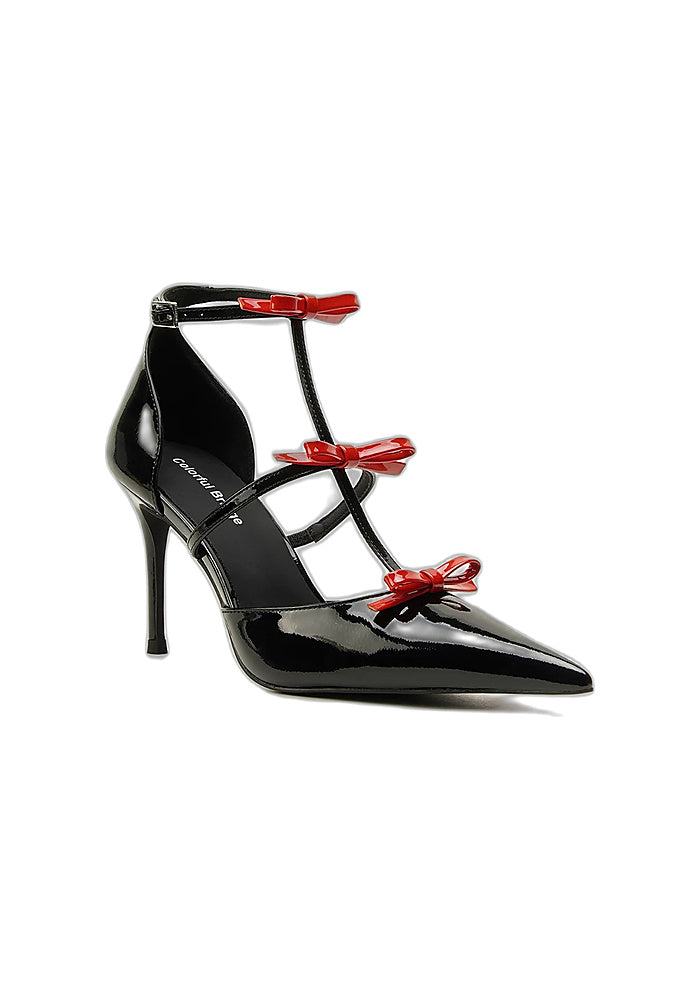Triple Red Bow T-Strap Ankle Stiletto Pumps 8.5CM Romantic Avant-Garde Pointed Heels