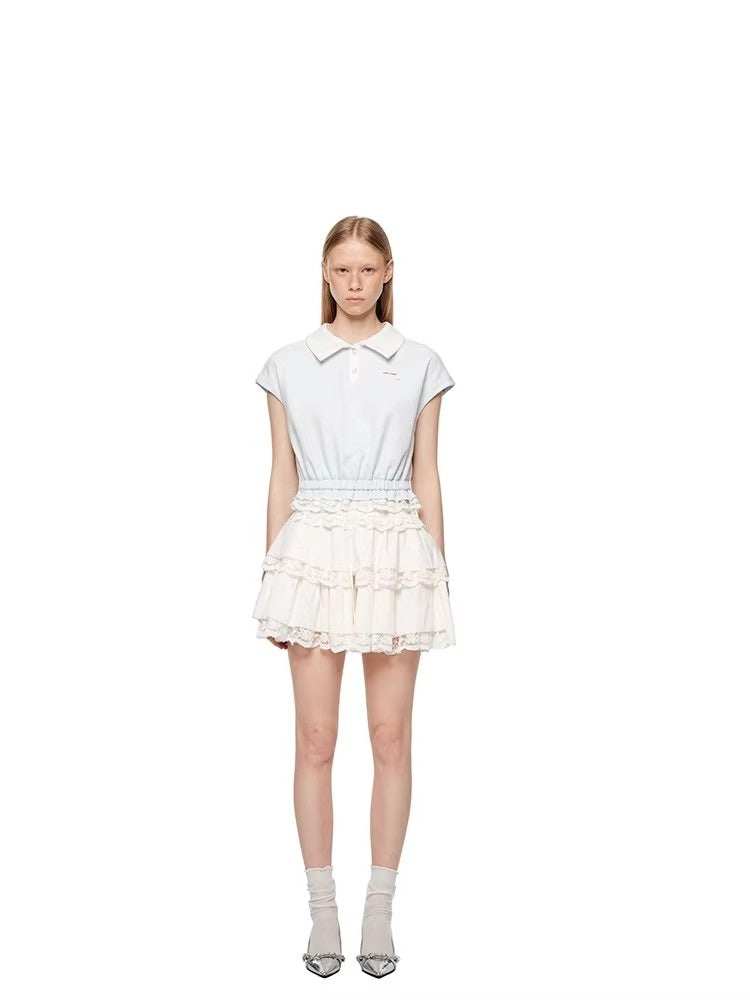 SHROENRO Sweet Preppy-Style Color-Blocked Polo-Neck Lace-Trimmed Fitted T-Shirt