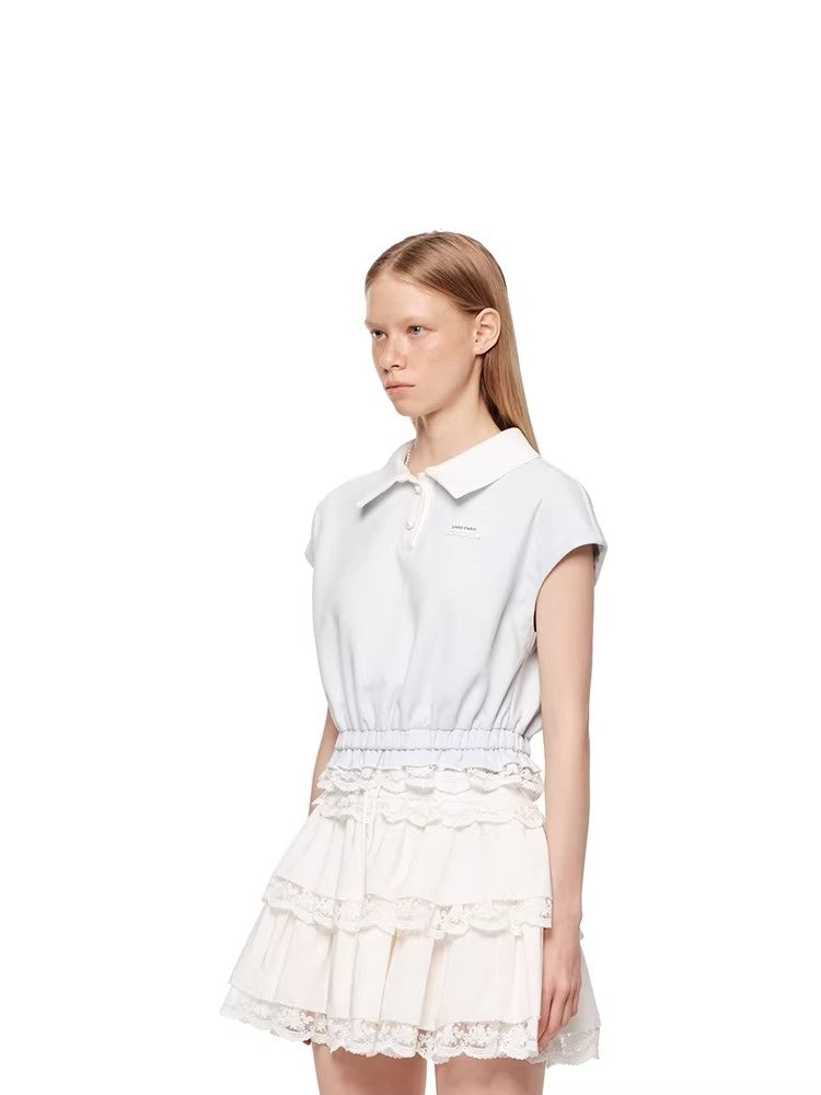SHROENRO New Arrival: Sweet Preppy-Style Color-Blocked Polo-Neck Lace-Trimmed Fitted T-Shirt
