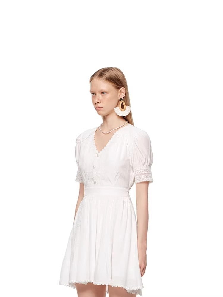 SHROENRO New Arrival: Elegant and Stylish Fitted, Slimming French V-Neck Lace-Panel Dress