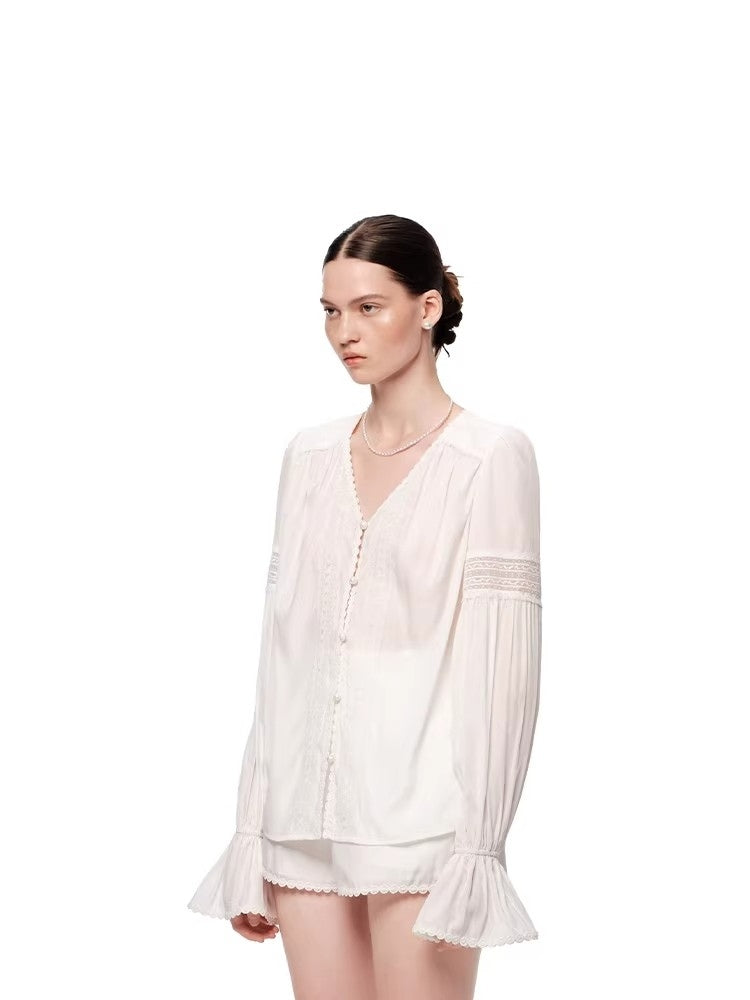 SHROENRO New Arrival: French-Style Loose-Fit, Flowy, Openwork V-Neck Lace Blouse and Shorts Fashion Set for Women