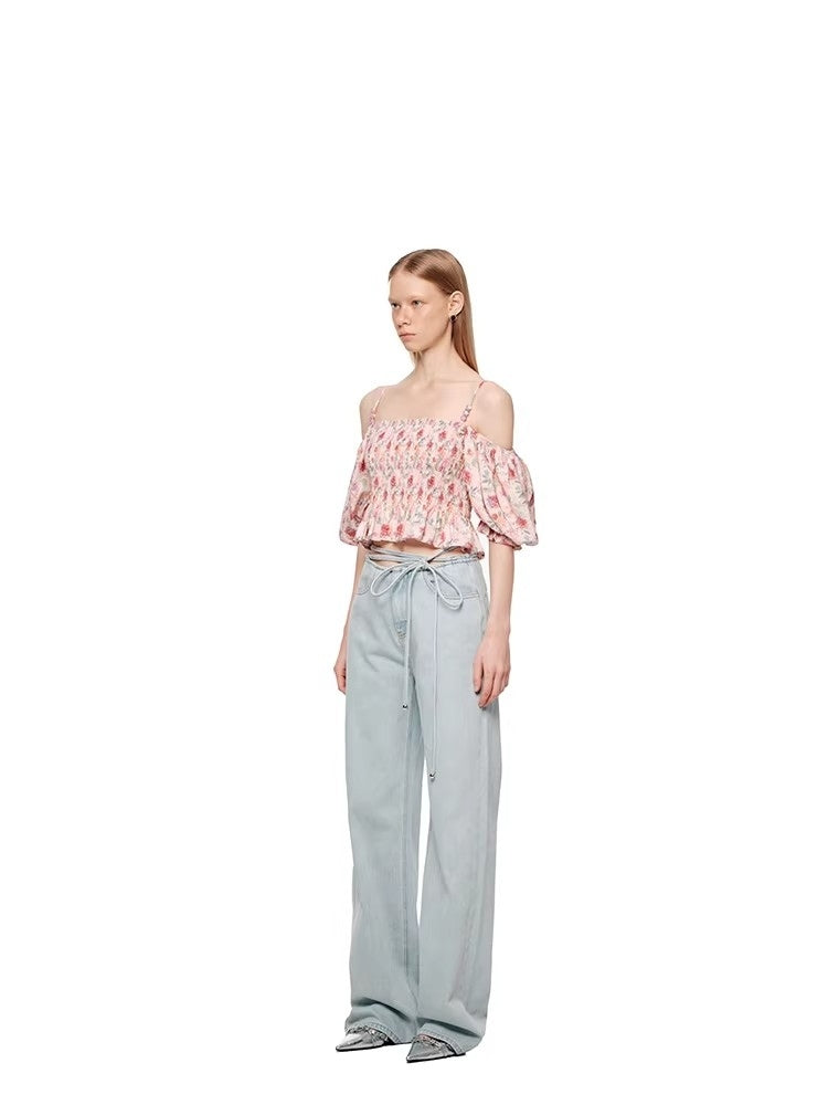 SHROENRO Drawstring Slim-Fit Straight-Leg Casual Denim Pants