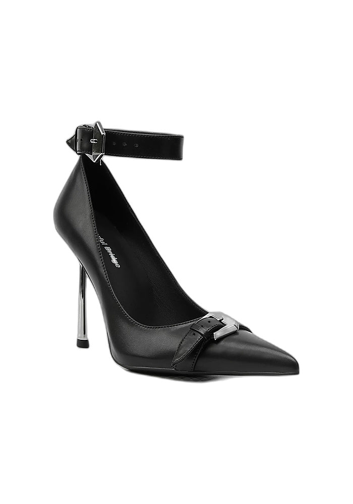 Leather Metal Buckle Ankle Strap Pointed Stiletto Pumps 10CM Business Avant-Garde Designer Heels