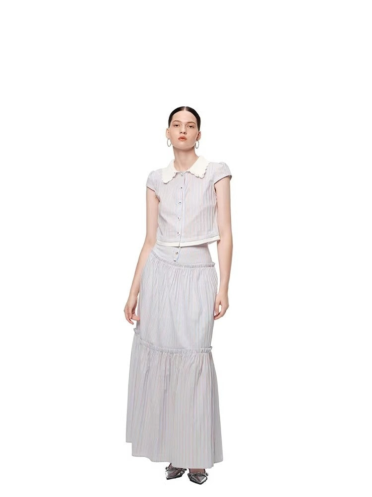 SHROENRO Spring New Arrival: Striped Lace Peter Pan Collar Blouse and High-Waisted Midi Skirt Set – A Fashionable, Girly Ensemble