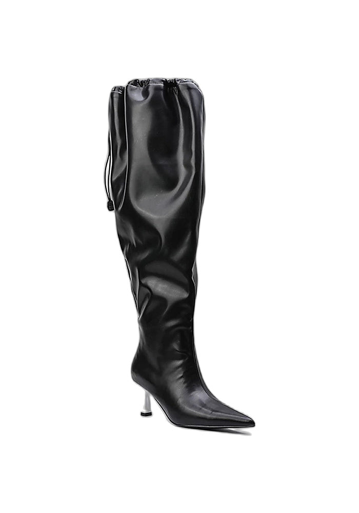 "Nightveil" Matte Leather Drawstring Knee-High Stiletto Boots 6.5CM Sculpted Heel Avant-Garde Pointed Tall Boots