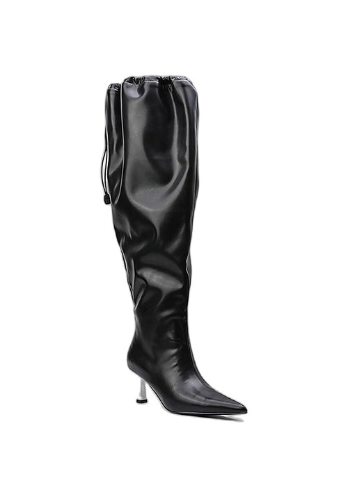 "Nightveil" Matte Leather Drawstring Knee-High Stiletto Boots 6.5CM Sculpted Heel Avant-Garde Pointed Tall Boots