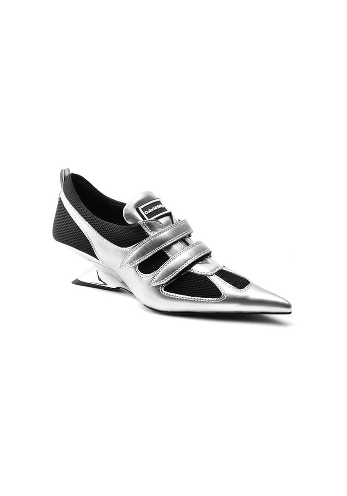 "Silverdash" Metallic Silver Cow Leather & Mesh Velcro Pointed Toe Sculpted Wedge Heel Avant-Garde Sneaker Pumps 5CM Futuristic Street Heels