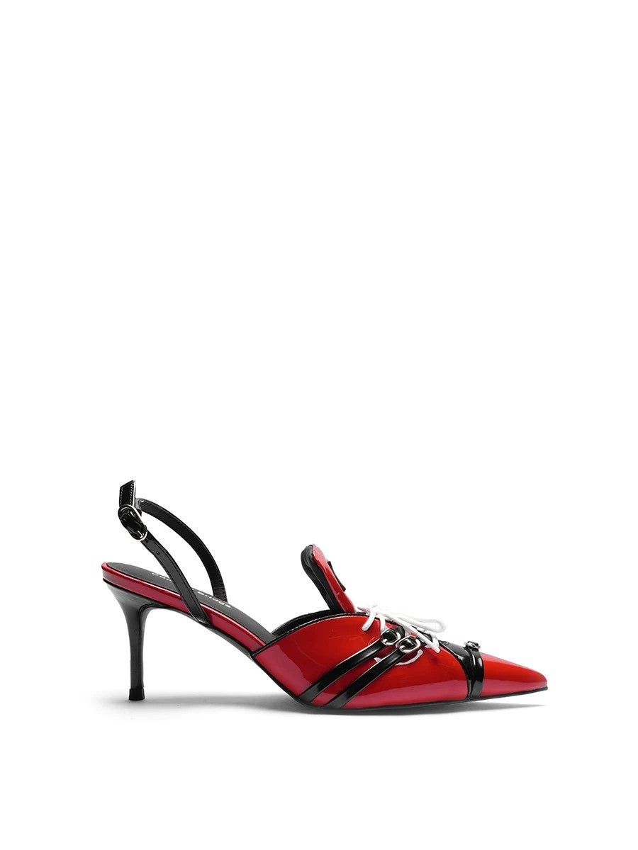 F1 Racing Series Designer Sporty High-Heeled Pointed-Toe Patent Leather Sandals