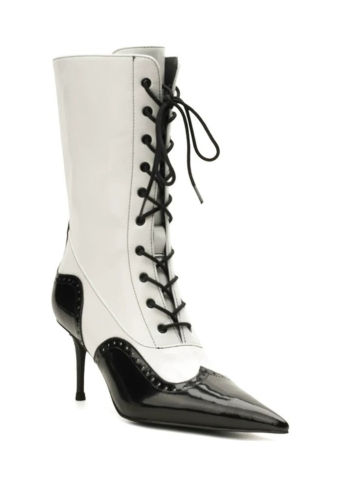 Brogue Lace-Up Mid-Calf Stiletto Boots 7.5CM Avant-Garde Two-Tone Pointed Toe Boots