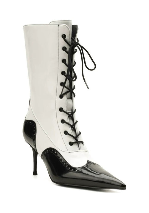 Brogue Lace-Up Mid-Calf Stiletto Boots 7.5CM Avant-Garde Two-Tone Pointed Toe Boots