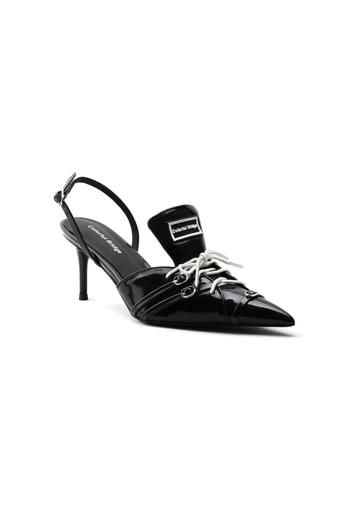 Patent Leather Lace-Up Pointed Toe Slingback Pumps 7.5CM Thin Stiletto Heel Y2K Avant-Garde Mules