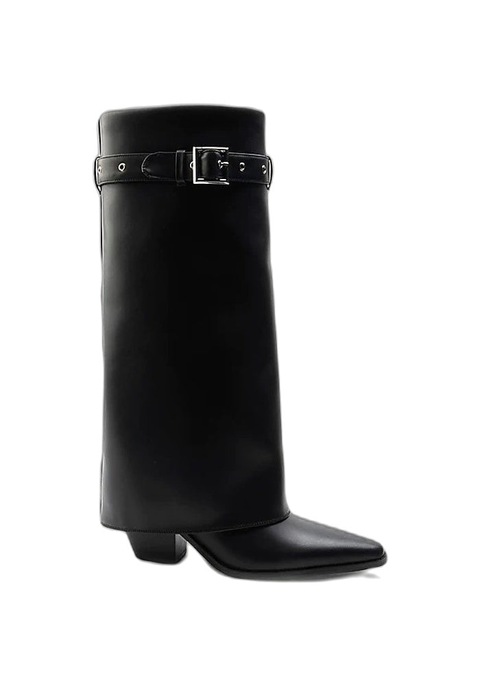 Calfskin Fold-Over Knee High Boots 6.5CM Block Heel Pointed Toe Buckle Strap Western Tall Boots