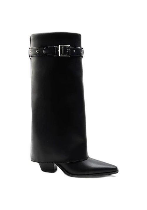 Calfskin Fold-Over Knee High Boots 6.5CM Block Heel Pointed Toe Buckle Strap Western Tall Boots