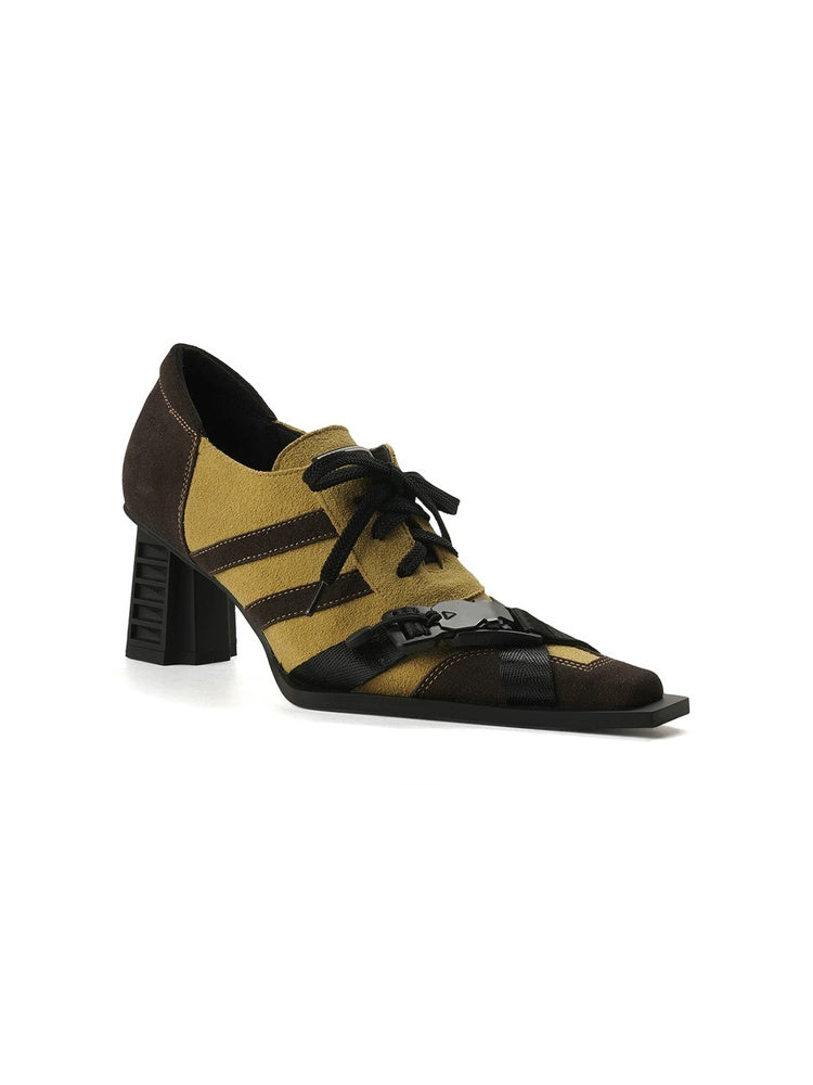 Contrast Lace-Up Block Heel Pumps