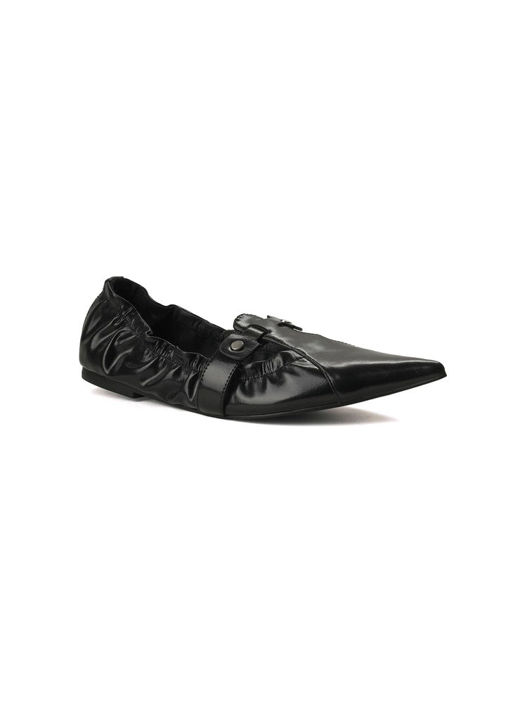 Ruched Pointed-Toe Buckle Flats