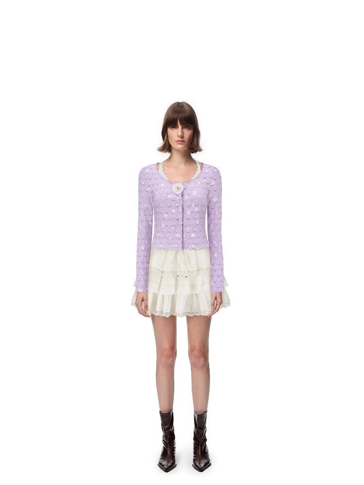 SHROENRO Polka Dot Hand-Knit Floral Casual Versatile Cardigan for Women