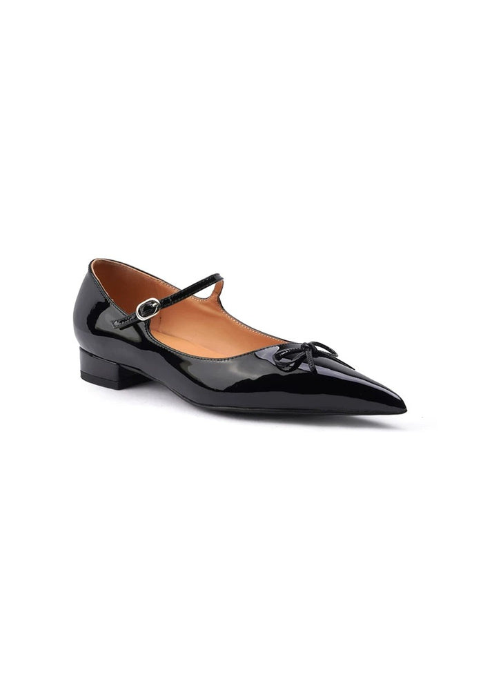 Black Patent Leather Mary Jane Flats 2.5CM Low Block Heel Pointed Toe Bow Pumps