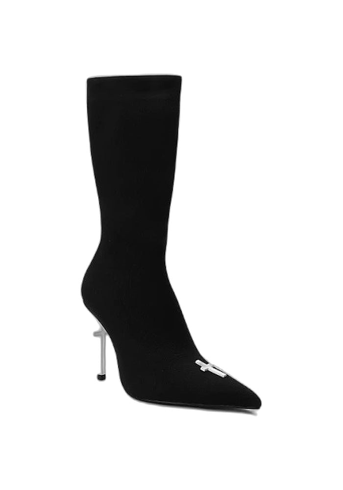 Knit Sock Mid-Calf Boots 10CM White Cross Sculpted Stiletto Pointed Toe Gothic Avant-Garde Stretch Heel Boots