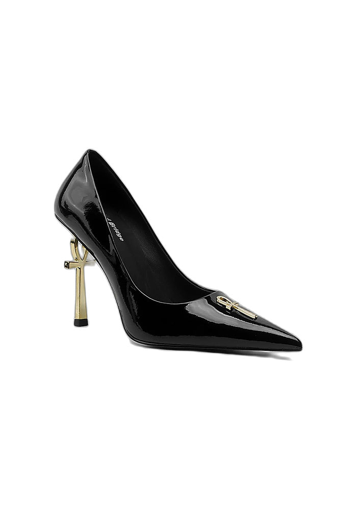 Patent Leather Ankh Symbol Stiletto Pumps 9CM Futuristic Avant-Garde Pointed High Heels