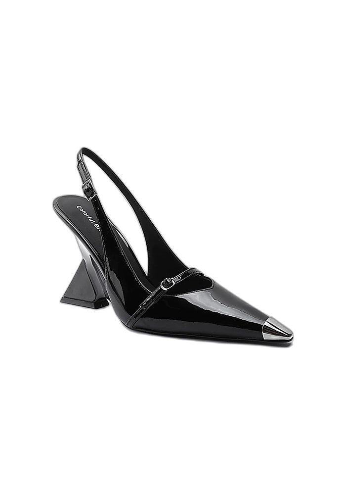 Patent Leather Slingback Pumps 10CM Geometric Triangle Sculpted Wedge Heel Metal Point Cap Avant-Garde Mary Jane Heels