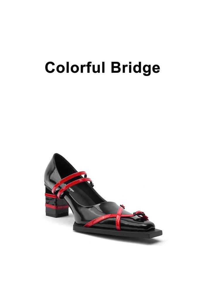 Patent Leather Red Contrast Strap Square Toe Mary Jane Pumps 6CM Color Block Block Heel Designer Heels