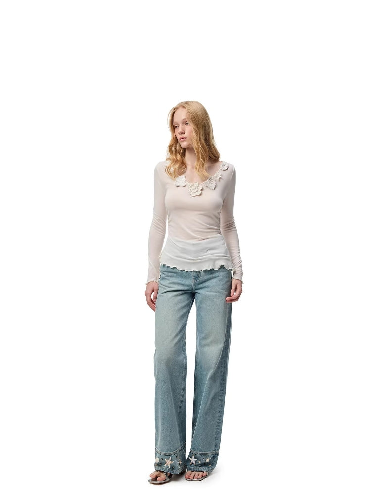 SHROENRO French-Style 3D Floral Knit Fitted Slimming Top with Asymmetrical Hem