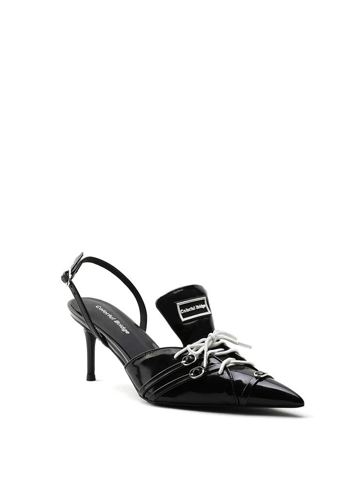 Racing-inspired Designer Sporty High-Heel Pointed-Toe Black Sandals