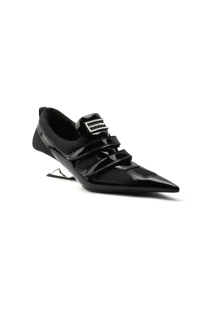 Patent & Mesh Hybrid Pointed Toe Wedge Pumps 5CM Futuristic Avant-Garde Velcro Strap Designer Heels